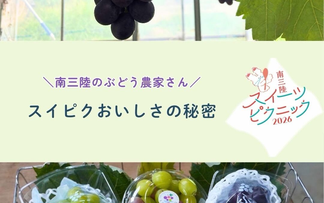⁡ ⁡ ⁡ ⁡ 南三陸スイーツピクニック2026 ぶどうフェア🍇✨ ⁡ 🗓️ 2026年9月12日（土）〜 📍 南三陸町内 9店舗にて ⁡ @msr_sweets ⁡ 南三陸の旬のぶどうを使った 期間限定スイーツが登場！🍰🍨🧁 ⁡ ⁡ ――――――――――――――― ⁡ 💭スイピクおいしさの秘密 ⁡ スイピクで使われているぶどうを 生産している農家さんをご紹介🌿 ⁡ 愛情たっぷり育てられている南三陸のぶどう🍇 地域の資源を活かし、一つ一つ丁寧に。 ⁡ そんなぶどうが、とれたてですぐにスイーツになるから よりおいしさがギュッと引き立ちます🫧 　 町内の直売所でぶどうも販売されているので、 お見かけの際にはぜひ！🤭 ⁡ ――――――――――――――― ⁡ 「生産者と町のスイーツ店をつなぎ、 スイーツの力で南三陸を元気にしたい」 ⁡ そんな思いから始まったスイーツフェア 【南三陸スイーツピクニック】 ⁡ 南三陸といえば海のイメージが強いですが、 町内では果物やさつまいもも大切に育てられています。 ⁡ 農家さんが育てた旬の素材を使い、 地元のスイーツ店が心を込めて作る季節限定の オリジナルスイーツを楽しめるのがこの企画。 ⁡ スイーツを味わうことで、 地域や生産者さんの応援にもつながります🤝 ⁡ ⁡ ――― 開催スケジュール ――― 🍑ももフェア：8/8（土）〜 🍇ぶどうフェア：9/12（土）〜 🍠さつまいもフェア：10/17（土）〜 🍎りんごフェア：11/14（土）〜 ――――――――――――――― ⁡ ⁡ #スイピク #南三陸スイーツピクニック #南三陸町 #ぶどうフェア #宮城カフェ